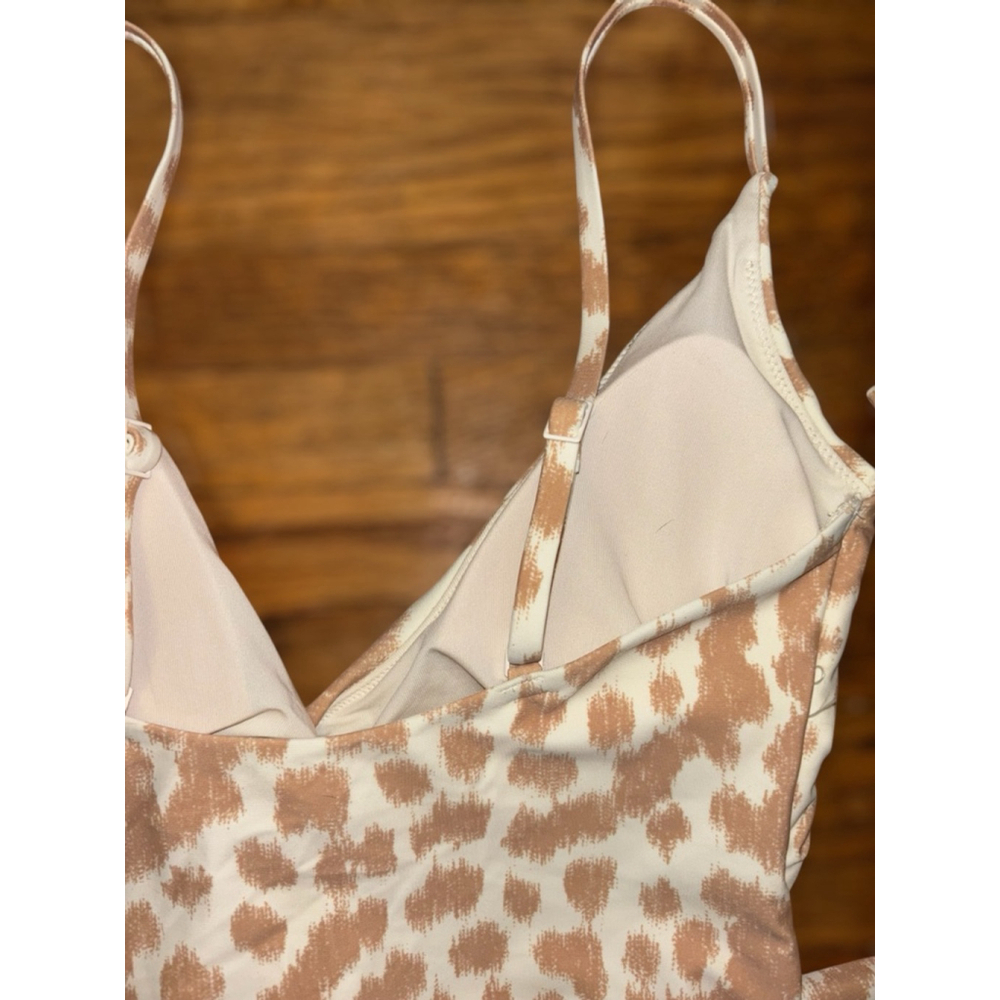 Aerie Women’s Size Small Cream Brown Animal Print Front Tie Cutout Wrap Swimsuit - Picture 7 of 12